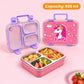 June the Unicorn bento lunch box for kids featuring 3 stainless steel compartments, 800 ml leakproof design, BPA-free outer body, child-friendly locking clips, organised meal storage, and perfect for school lunches, travel, daycare, and everyday use.