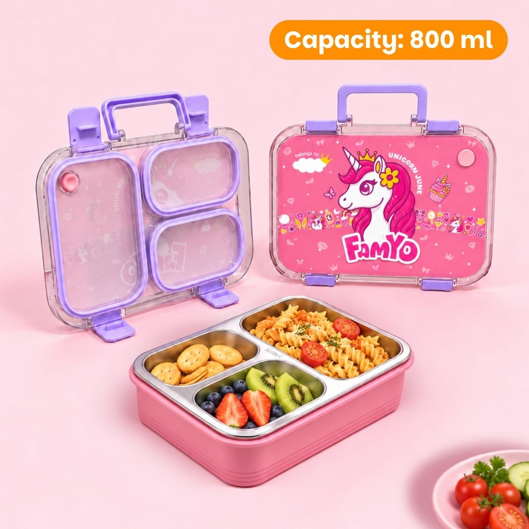 June the Unicorn bento lunch box for kids featuring 3 stainless steel compartments, 800 ml leakproof design, BPA-free outer body, child-friendly locking clips, organised meal storage, and perfect for school lunches, travel, daycare, and everyday use.