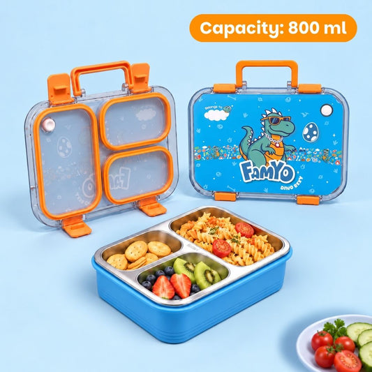 Famyo Rexy Dino Bento Lunch Box for Kids | Leakproof Kids Tiffin Box | 3 Stainless Steel Compartments | BPA-Free Snack Box