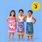 June the Unicorn, Leo the Astronaut and Rexy the Dino kids towel combo pack of 3 featuring soft quick-dry terry towels, lightweight absorbent fabric, 70 × 140 cm size, and ideal for bath, beach, pool, swimming, travel, and everyday use.