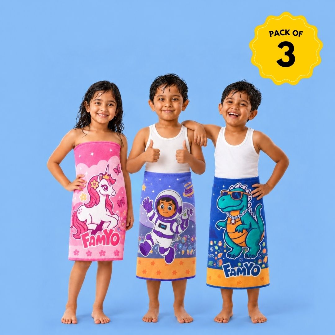 June the Unicorn, Leo the Astronaut and Rexy the Dino kids towel combo pack of 3 featuring soft quick-dry terry towels, lightweight absorbent fabric, 70 × 140 cm size, and ideal for bath, beach, pool, swimming, travel, and everyday use.