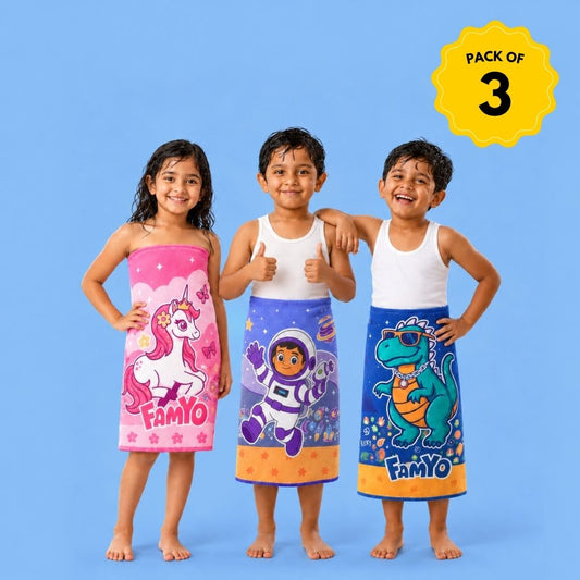June the Unicorn, Leo the Astronaut and Rexy the Dino kids towel combo pack of 3 featuring soft quick-dry terry towels, lightweight absorbent fabric, 70 × 140 cm size, and ideal for bath, beach, pool, swimming, travel, and everyday use.