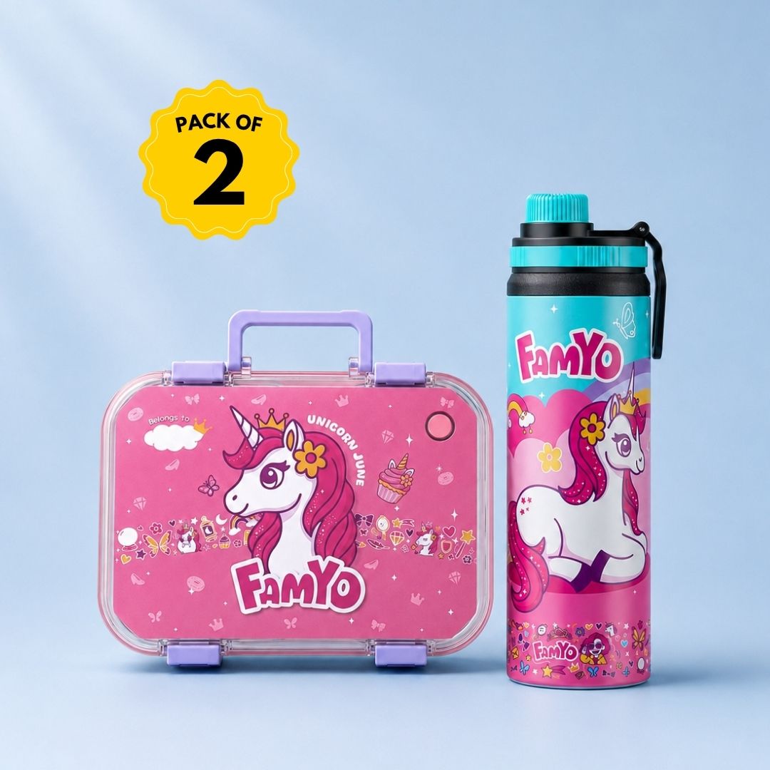 Famyo June Unicorn Lunch Box and Water Bottle Combo for Kids | 800 ml Leakproof Bento Box & Kids Water Bottle | School Essentials Set