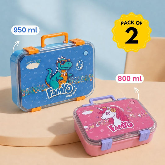 Famyo Kids Bento Lunch Box Combo – Rexy Dino & June Unicorn | Leakproof Tiffin Box Set | 3 Stainless Steel Compartments | BPA-Free School Lunch Box for Kids