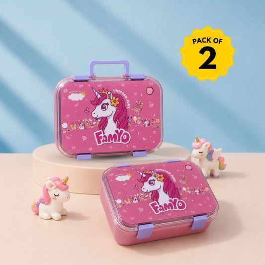 June Unicorn Bento Lunch Box Set of 2 for Kids | Leakproof Kids Tiffin Box | 800 ML | 3 Stainless Steel Compartments | BPA-Free