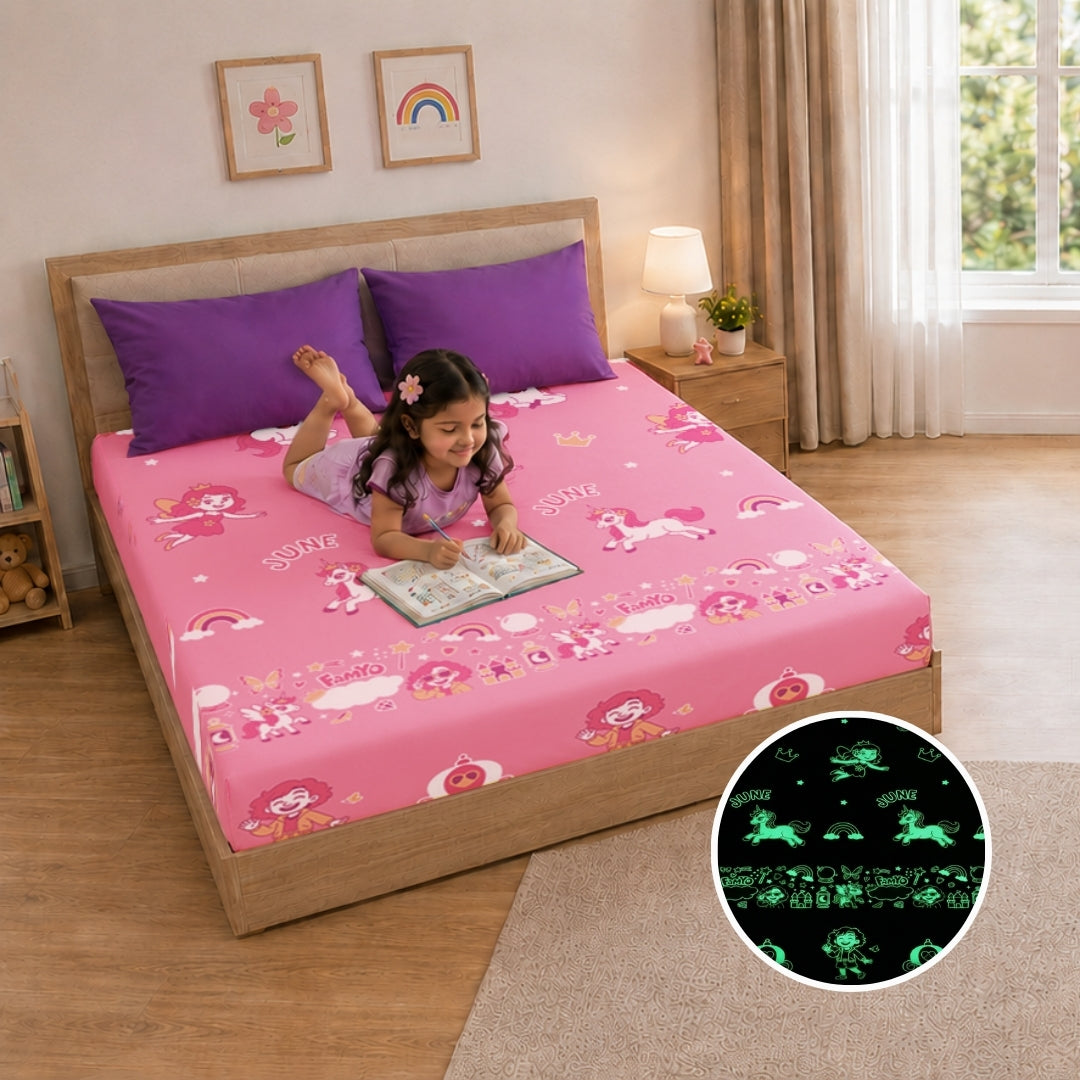 June the Unicorn and Rexy the Dino pack of 2 glow bedsheet set for kids featuring king-size fitted bedsheets, matching pillow covers, premium 300 TC cotton-blend microfiber, glow in the dark design, breathable comfort, elastic corners, and child-safe materials.