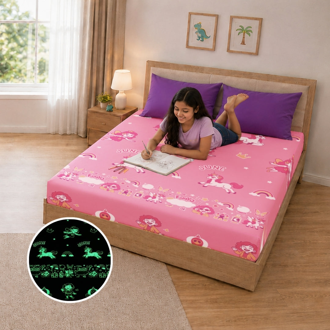Pack of 2 June the Unicorn glow bedsheet sets featuring king-size fitted bedsheets, 4 matching pillow covers, premium 300 TC cotton-blend microfiber, and safe glow-in-the-dark technology for kids.