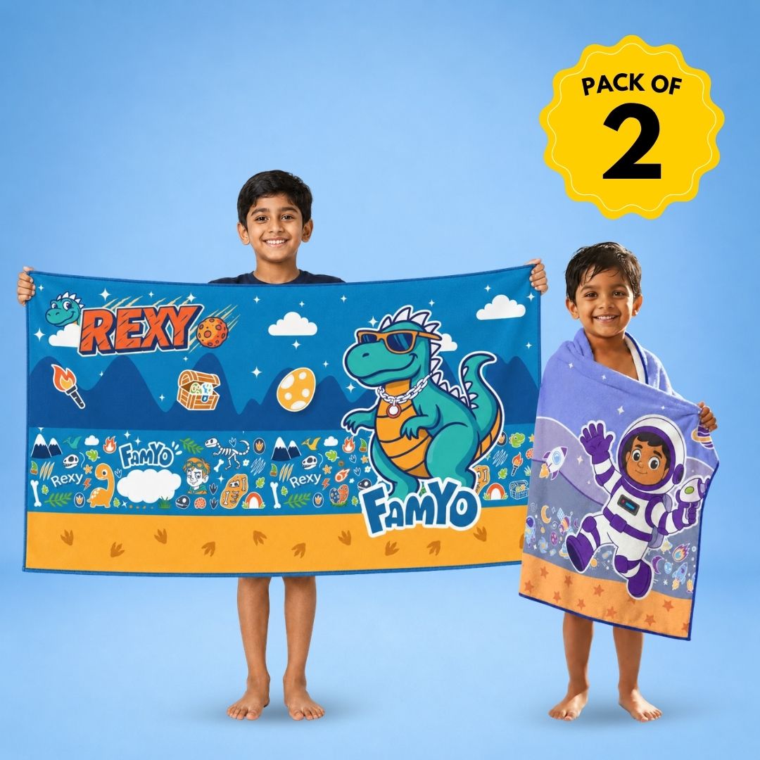 Rexy the Dinosaur & Leo the Astronaut Kids Towel Combo | Quick-Dry Microfiber Bath, Beach & Pool Towels for Kids