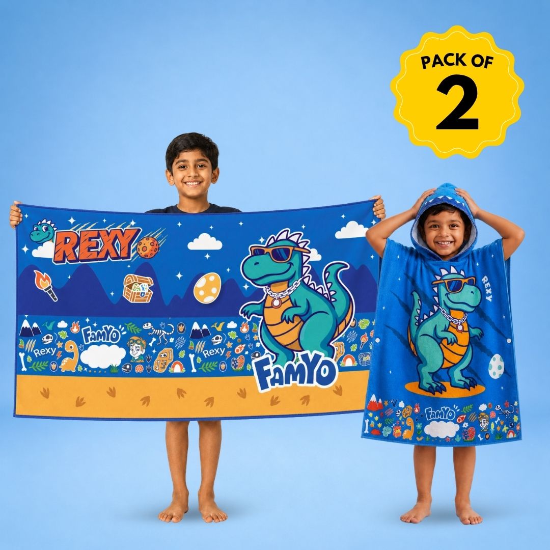 Rexy the Dino hooded poncho towel and kids towel combo featuring soft quick-dry terry fabric, lightweight absorbent design, wearable hooded towel and 70 × 140 cm kids towel, perfect for bath, beach, pool, swimming, travel, and everyday use.