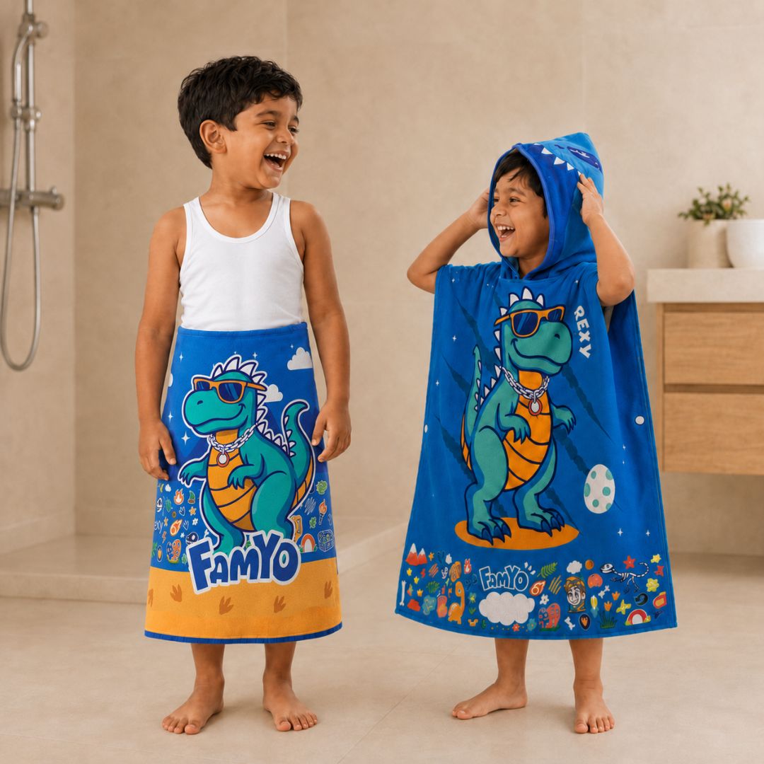 Rexy the Dino hooded poncho towel and kids towel combo featuring soft quick-dry terry fabric, lightweight absorbent design, wearable hooded towel and 70 × 140 cm kids towel, perfect for bath, beach, pool, swimming, travel, and everyday use.