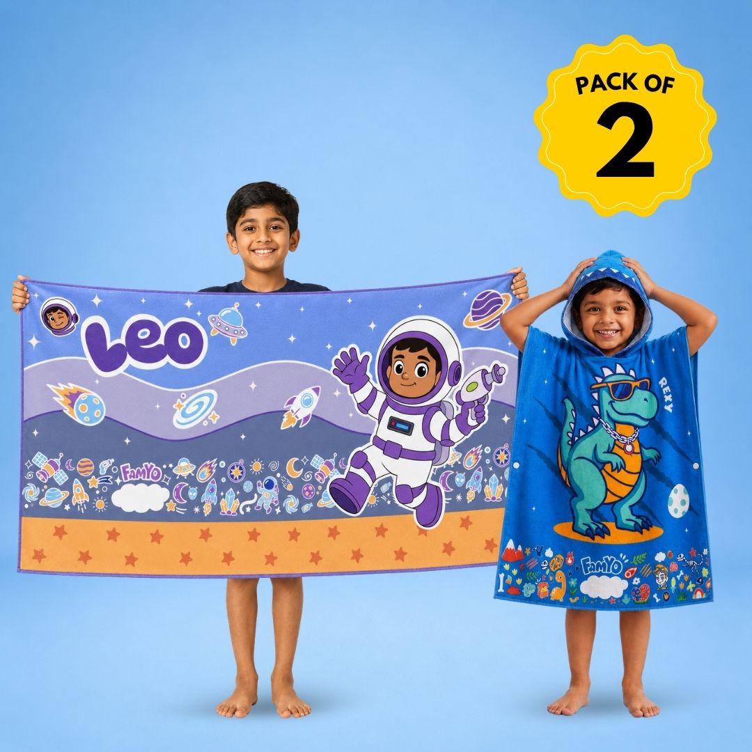 Rexy the Dino hooded poncho towel and Leo the Astronaut kids towel combo featuring soft quick-dry terry fabric, lightweight absorbent design, wearable hooded towel and 70 × 140 cm kids towel, perfect for bath, beach, pool, swimming, travel, and everyday use.