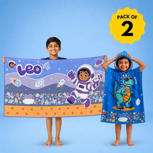 Rexy the Dino hooded poncho towel and Leo the Astronaut kids towel combo featuring soft quick-dry terry fabric, lightweight absorbent design, wearable hooded towel and 70 × 140 cm kids towel, perfect for bath, beach, pool, swimming, travel, and everyday use.