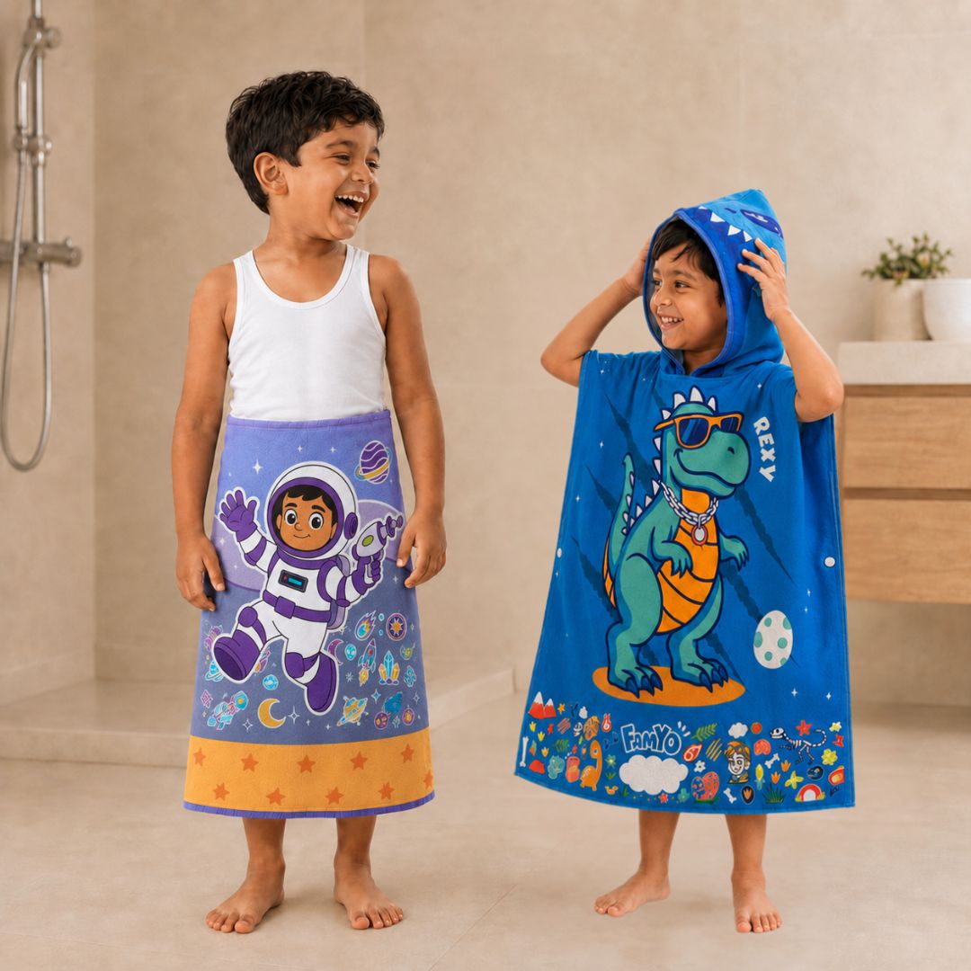 Rexy the Dino hooded poncho towel and Leo the Astronaut kids towel combo featuring soft quick-dry terry fabric, lightweight absorbent design, wearable hooded towel and 70 × 140 cm kids towel, perfect for bath, beach, pool, swimming, travel, and everyday use.