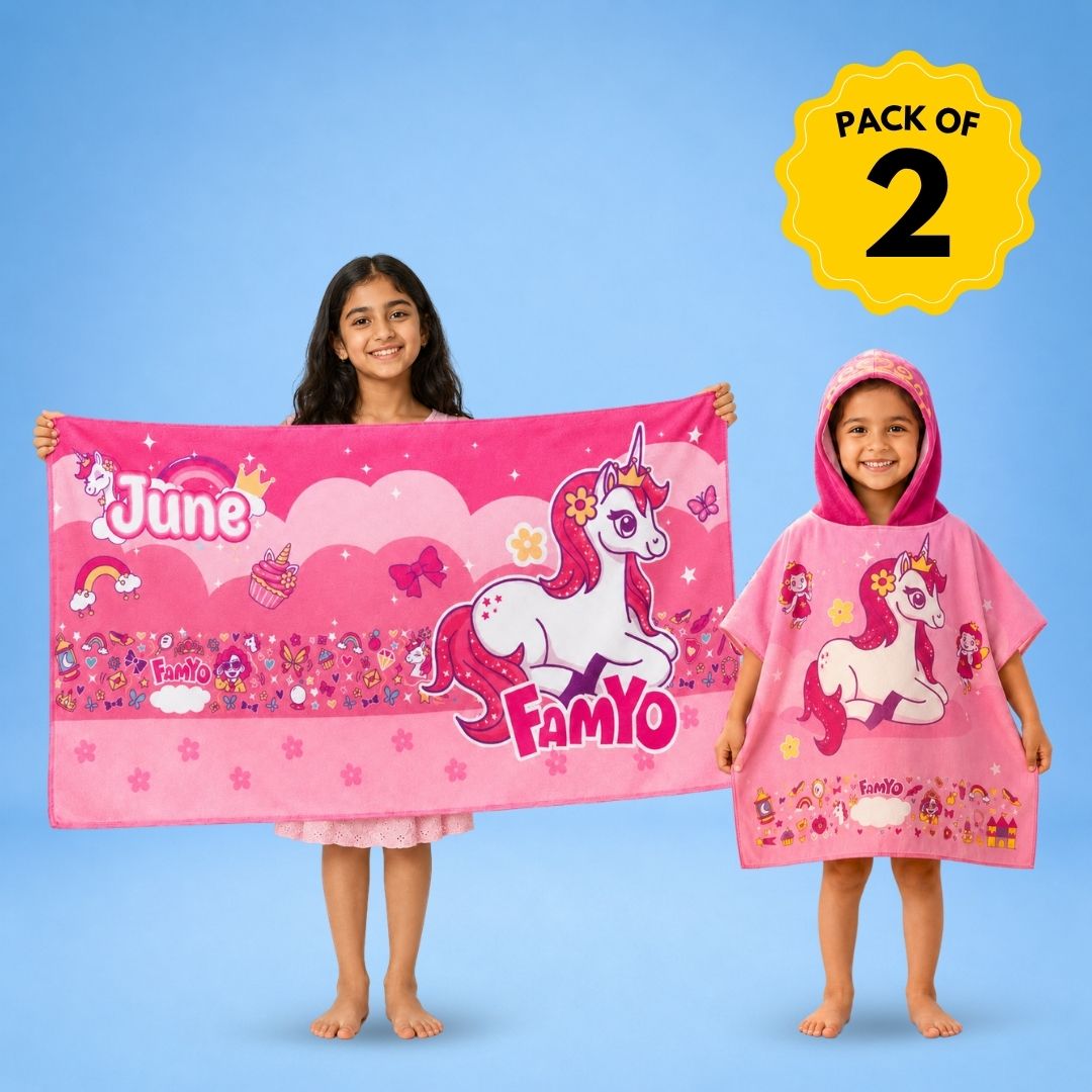 June the Unicorn hooded poncho towel and kids towel combo featuring soft quick-dry terry fabric, lightweight absorbent design, wearable hooded towel and 70 × 140 cm kids towel, perfect for bath, beach, pool, swimming, travel, and everyday use.
