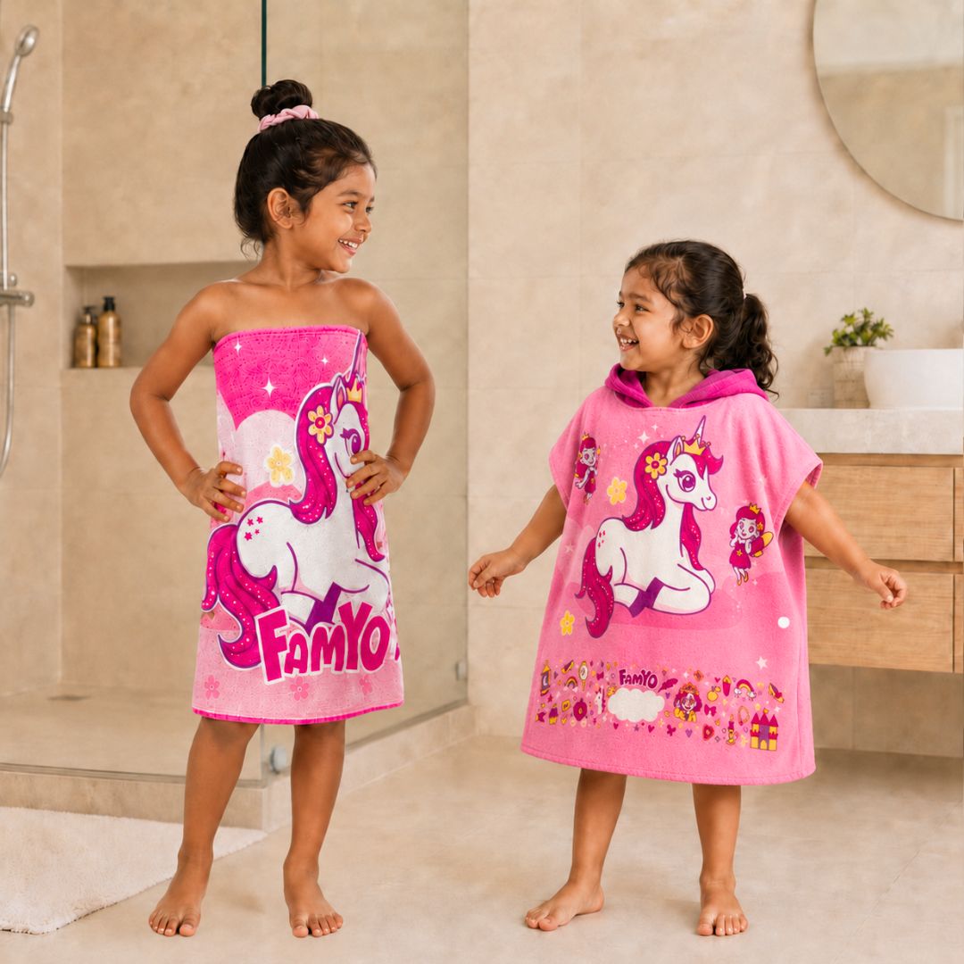 June the Unicorn hooded poncho towel and kids towel combo featuring soft quick-dry terry fabric, lightweight absorbent design, wearable hooded towel and 70 × 140 cm kids towel, perfect for bath, beach, pool, swimming, travel, and everyday use.