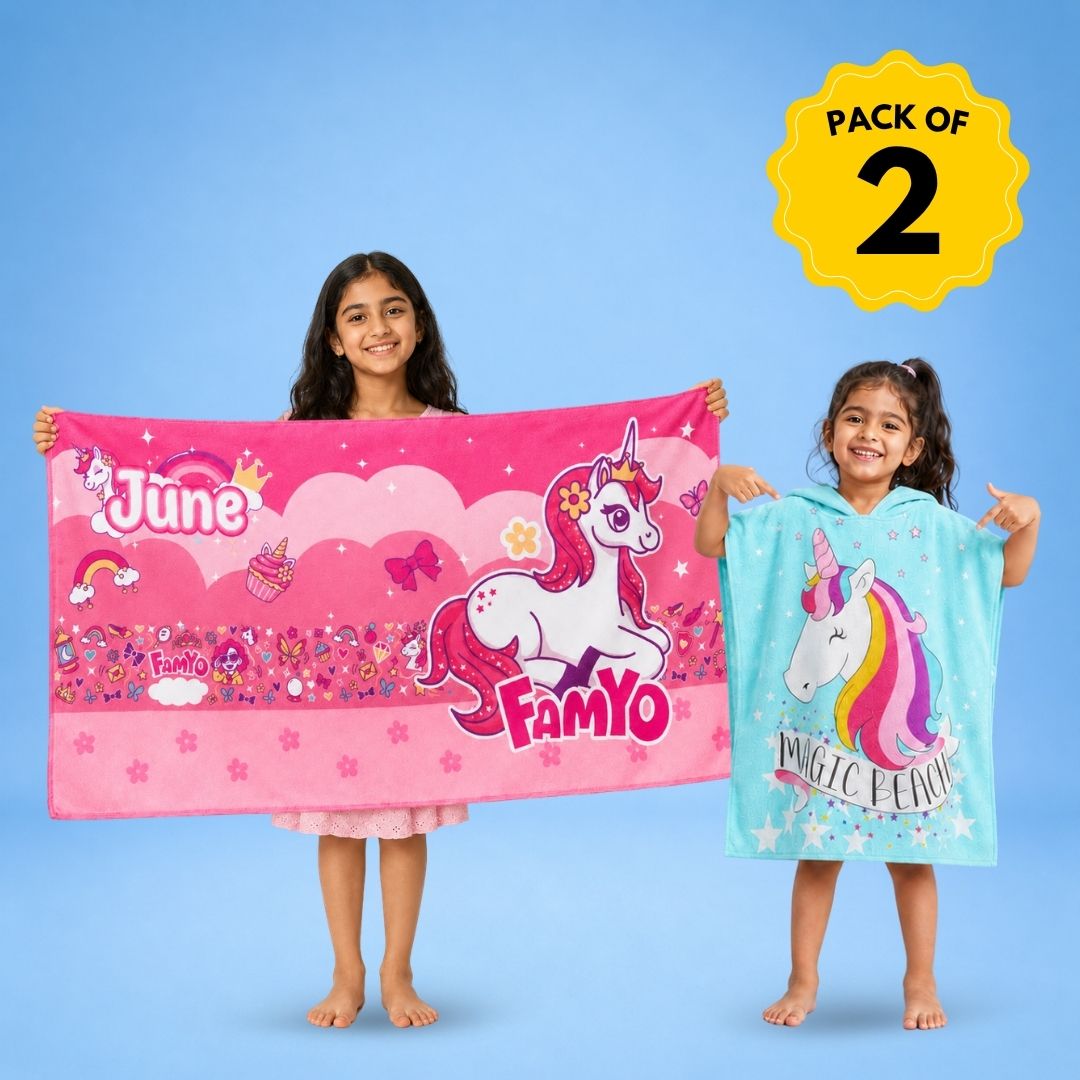 June the Unicorn kids towel and Magic Beach hooded poncho towel combo featuring soft quick-dry terry fabric, lightweight absorbent design, 70 × 140 cm kids towel and wearable hooded towel, perfect for bath, beach, pool, swimming, travel, and everyday use.