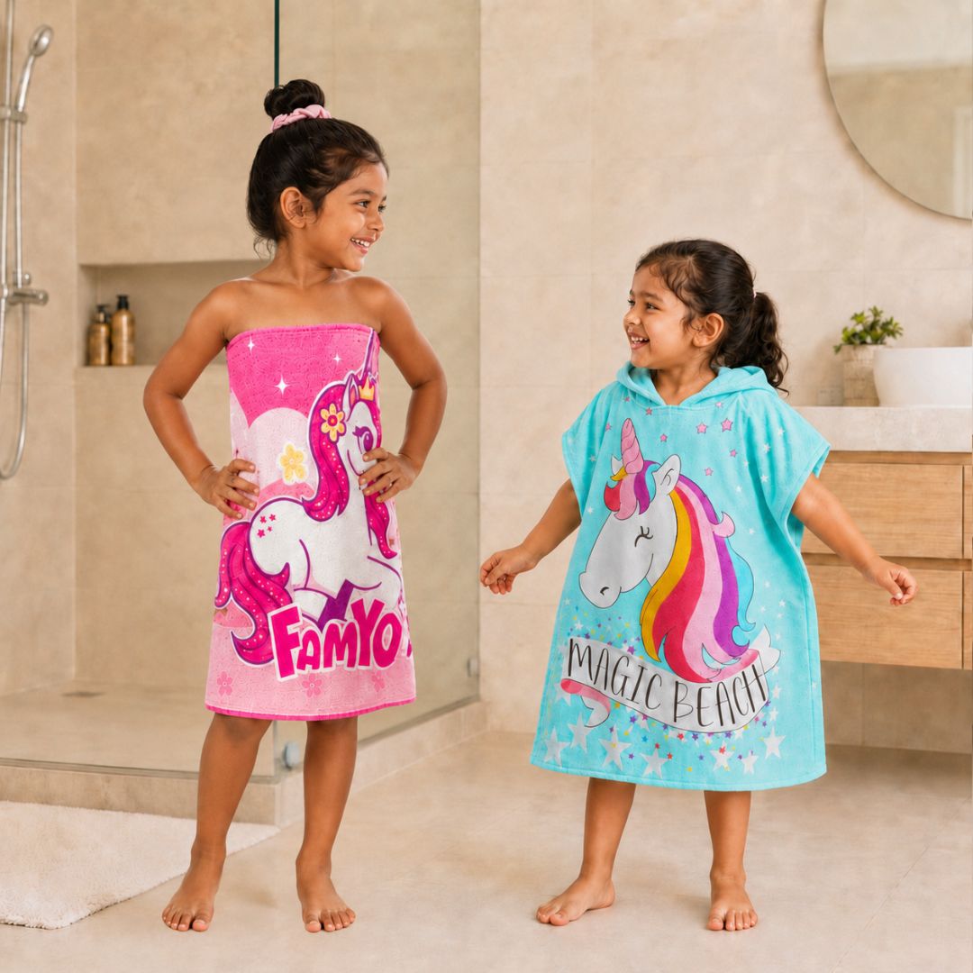 June the Unicorn kids towel and Magic Beach hooded poncho towel combo featuring soft quick-dry terry fabric, lightweight absorbent design, 70 × 140 cm kids towel and wearable hooded towel, perfect for bath, beach, pool, swimming, travel, and everyday use.
