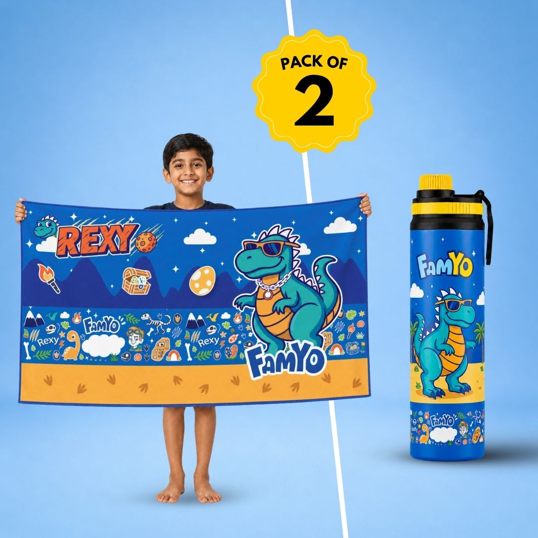 Rexy the Dino Bath Towel & 900 ML Stainless Steel Water Bottle Combo for Kids | Quick-Dry Towel & School Water Bottle