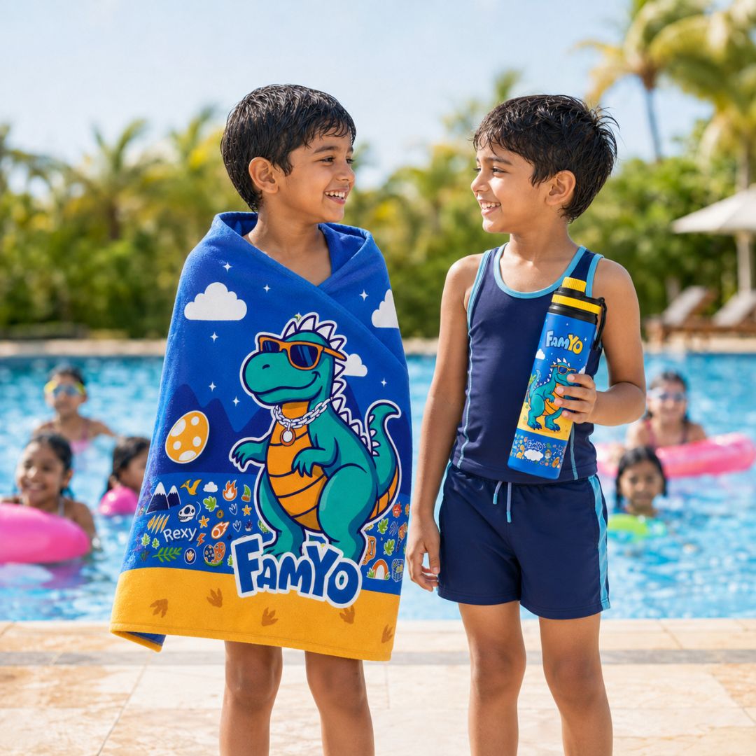 Rexy the Dino Bath Towel & 900 ML Stainless Steel Water Bottle Combo for Kids | Quick-Dry Towel & School Water Bottle