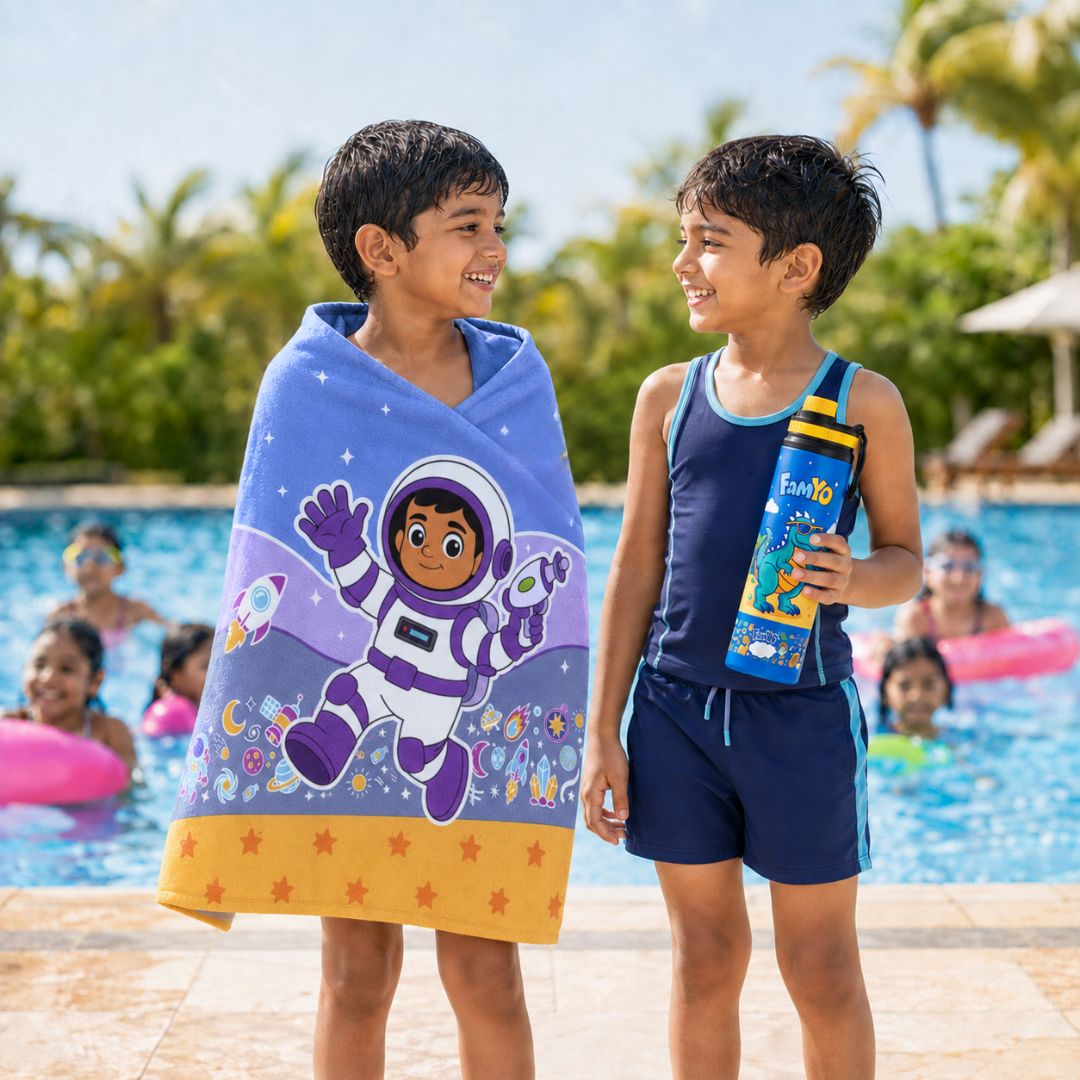 Leo the Astronaut Bath Towel & Rexy the Dino 900 ML Water Bottle Combo for Kids | Quick-Dry Towel & School Water Bottle
