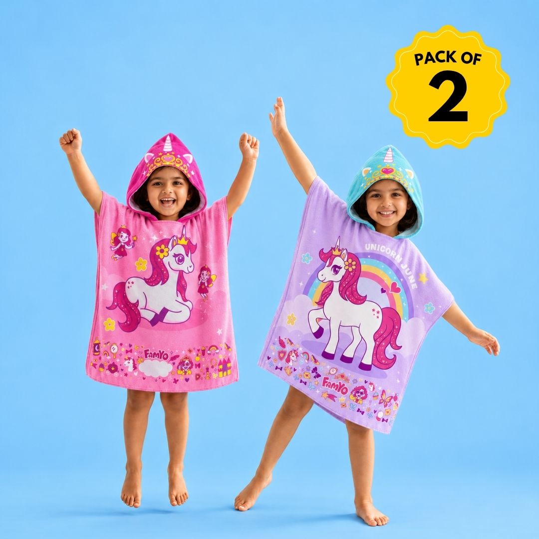 June the Unicorn Pink & Purple – Maxx Series | Set of 2 | Hooded Poncho Towels for Kids | Quick-Dry Microfiber Bath Towels