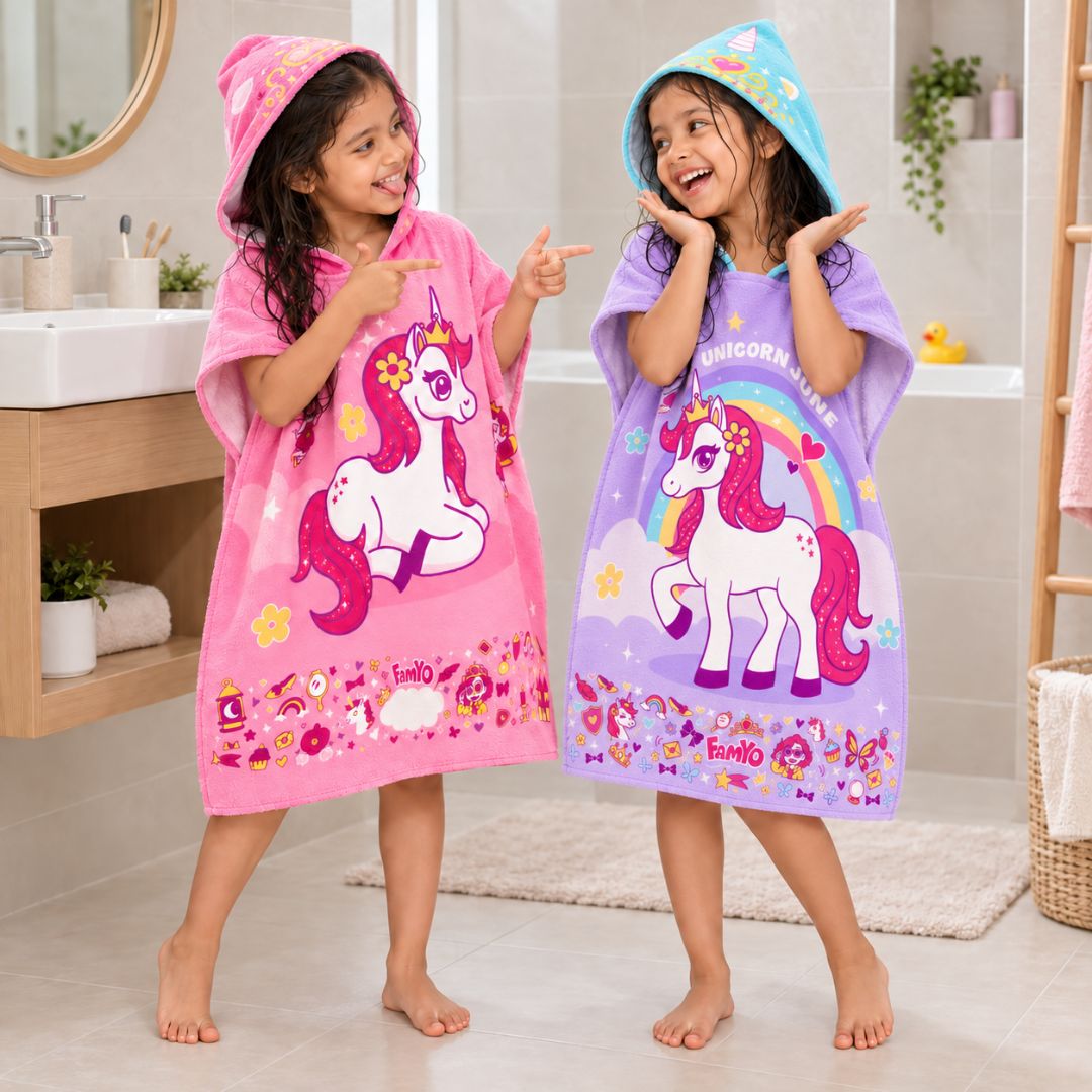 June the Unicorn Pink & Purple – Maxx Series | Set of 2 | Hooded Poncho Towels for Kids | Quick-Dry Microfiber Bath Towels