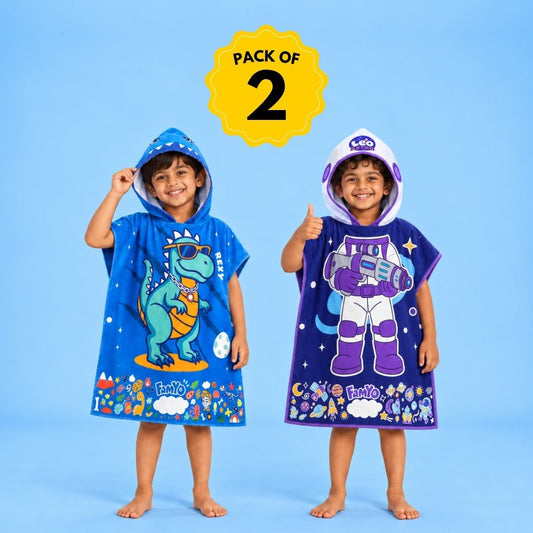 Rexy the Dino & Dark Blue Leo the Astro | Set of 2 | Hooded Poncho Towels for Kids | Quick-Dry Microfiber Bath Towels | 2-7 Years