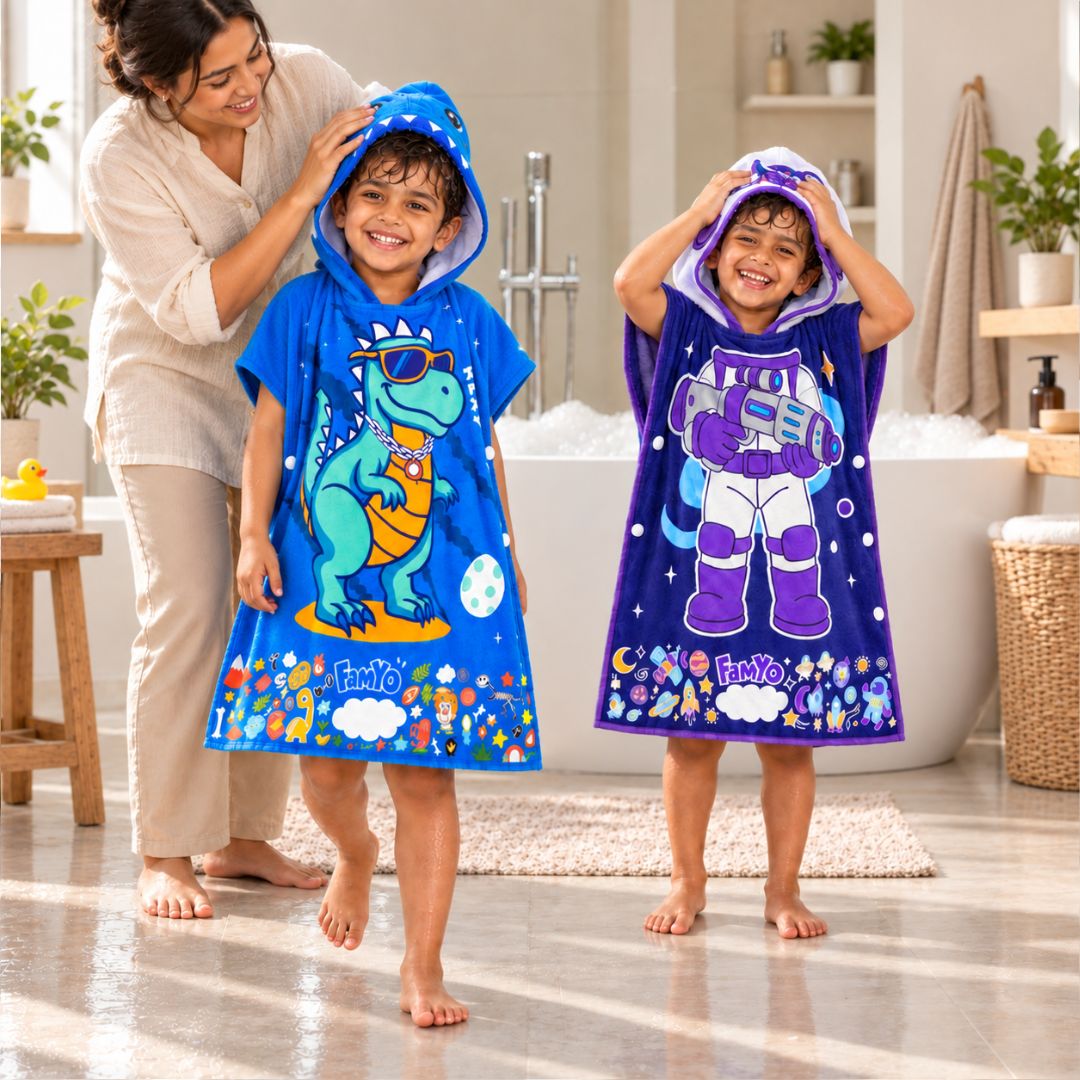 Rexy the Dino & Dark Blue Leo the Astro | Set of 2 | Hooded Poncho Towels for Kids | Quick-Dry Microfiber Bath Towels | 2-7 Years