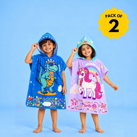 Rexy the Dino & Purple June the Unicorn | Set of 2 | Hooded Poncho Towels for Kids | Quick-Dry Microfiber Bath Towels | 2-7 Years