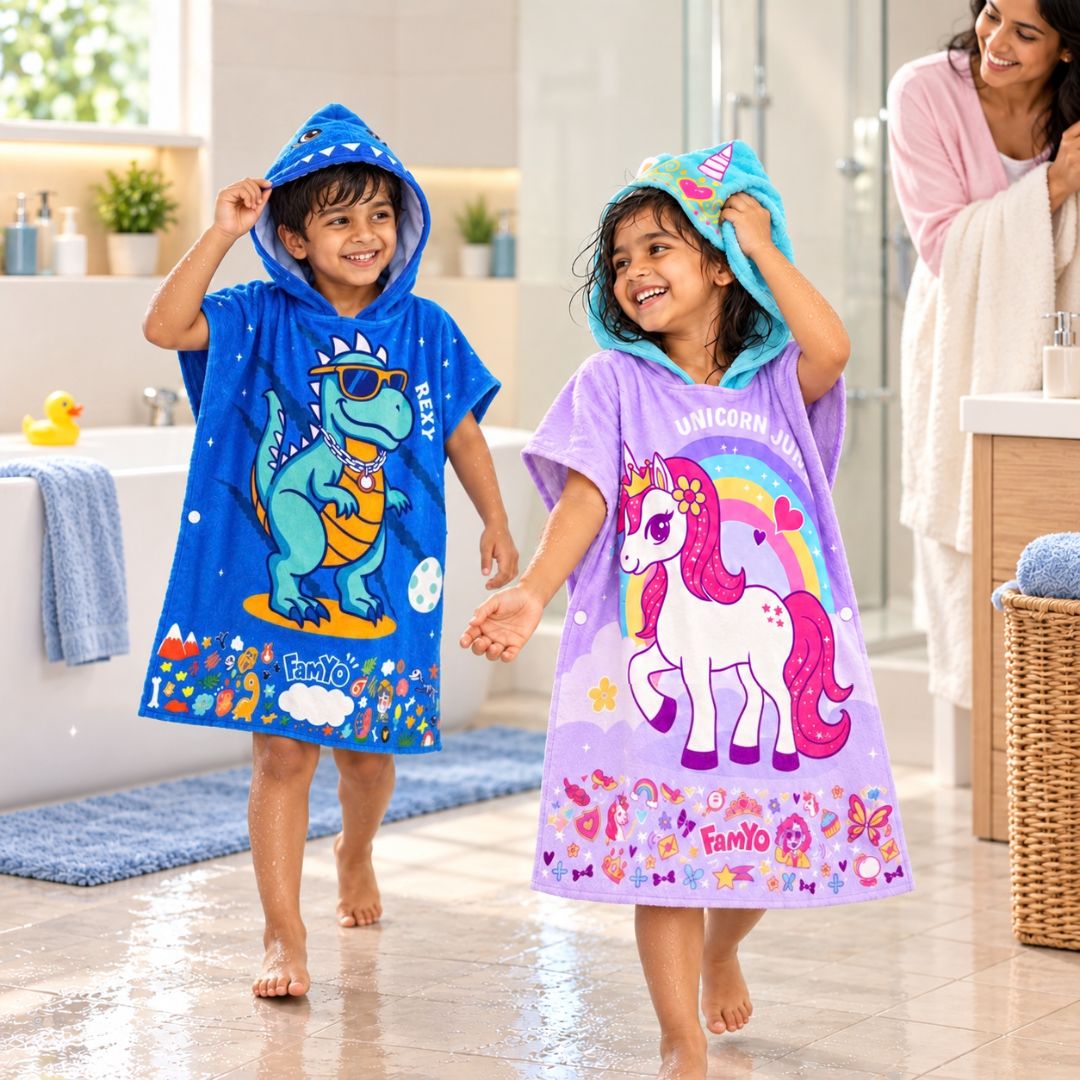 Rexy the Dino & Purple June the Unicorn | Set of 2 | Hooded Poncho Towels for Kids | Quick-Dry Microfiber Bath Towels | 2-7 Years