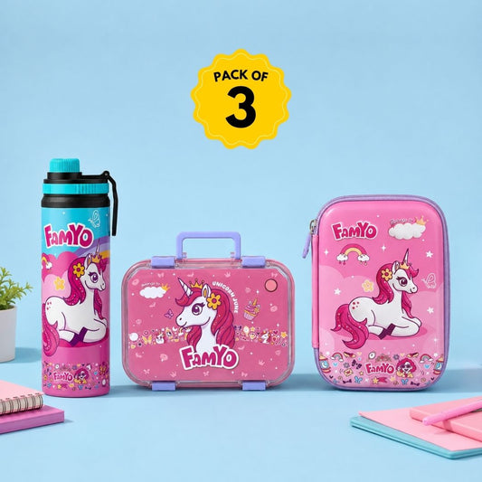 June Unicorn School Essentials Kit for Kids | 800 ml Bento Lunch Box, 900 ml Steel Water Bottle & Hard Shell Pencil Pouch Combo