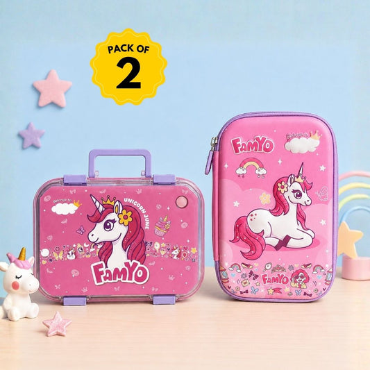 Famyo June Unicorn School Essentials Kit for Kids | Bento Lunch Box & Pencil Pouch Combo | 800 ml Leakproof Tiffin Box & Hard Shell Pencil Case | Back to School Gift
