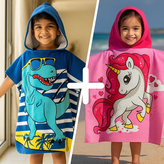 Dino & Pink Unicorn Hooded Bath Towel, Set of 2 | 100% Microfiber Poncho Towel for Kids (1-7 Years)
