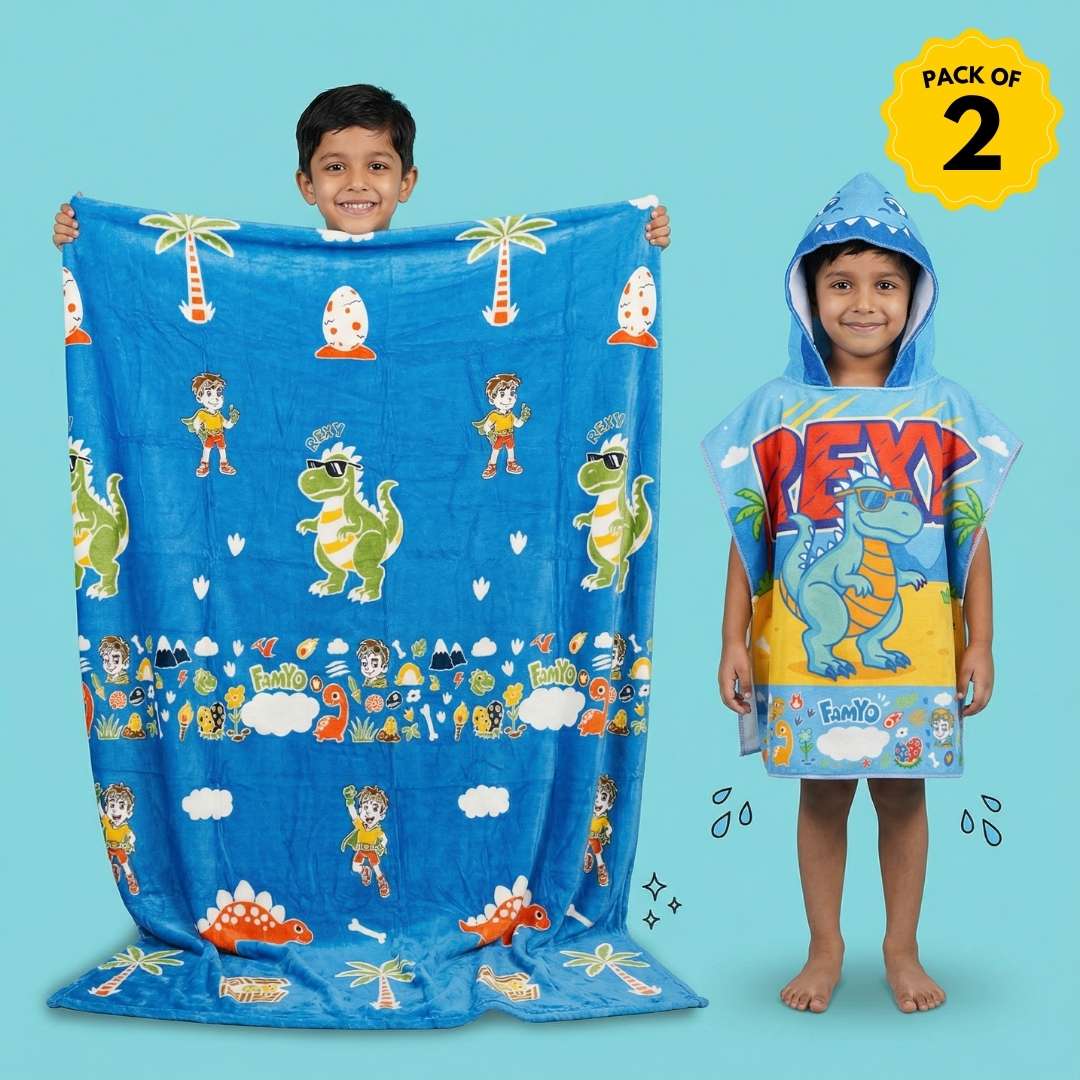 Rexy the Dino Glow MAXX Blanket + Hood MAXX Poncho Towel for Kids (1–7 Years) | Soft Microfiber Bath & Sleep Set