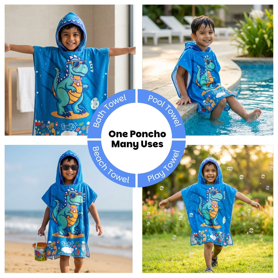 Rexy the Dino hooded poncho towel for kids featuring soft quick-dry terry fabric, lightweight absorbent design, wearable hood with knee-length coverage, and ideal for bath, beach, pool, swimming, travel, and everyday use. 