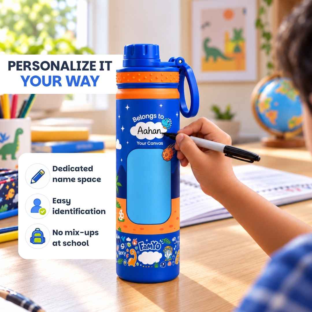 Kids stainless steel water bottle available in June the Unicorn, Rexy the Dinosaur, Leo the Astronaut, Dark Blue Astronaut, and Lavender Unicorn designs, featuring a 900 ml capacity, ideal for school, travel, and everyday hydration.