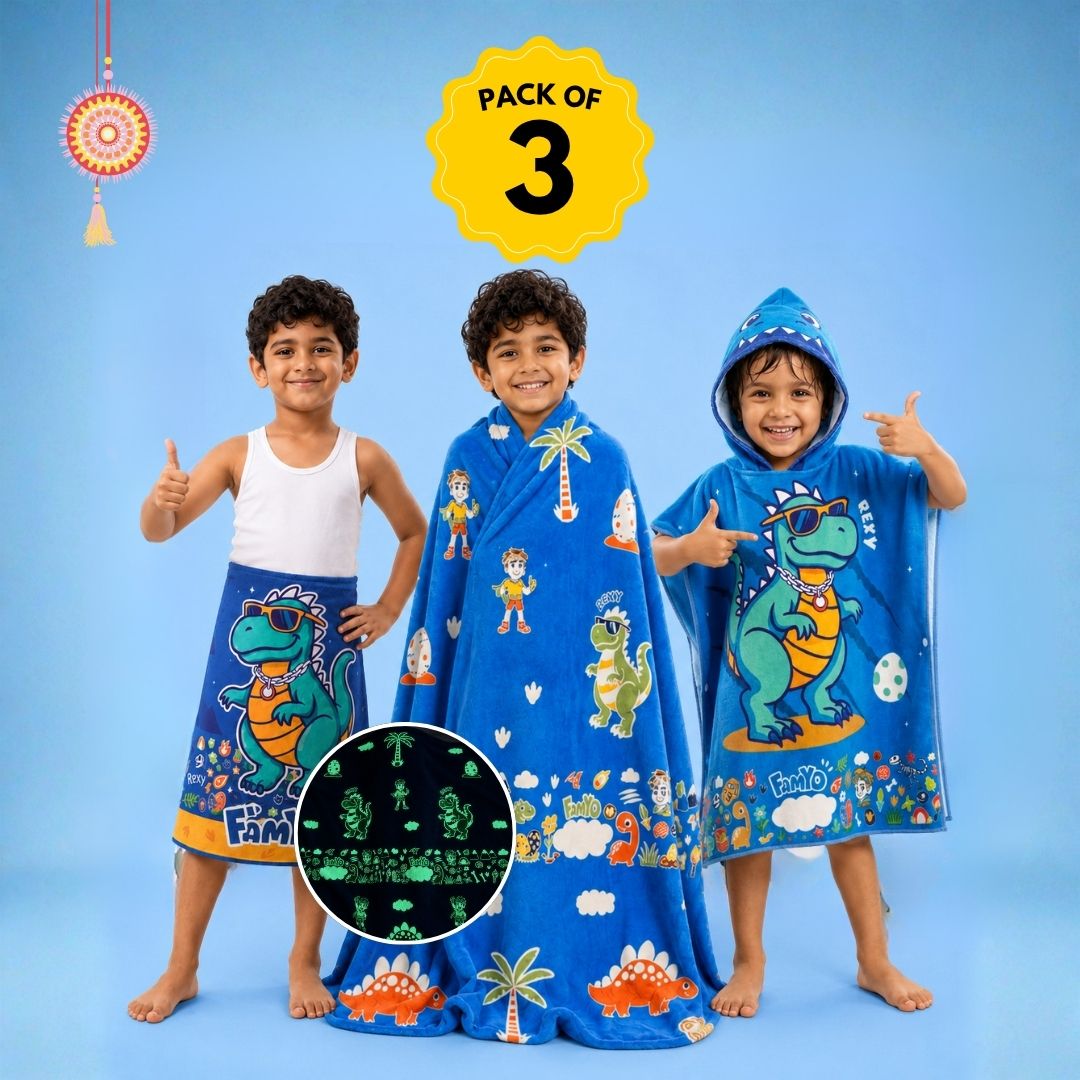 Rexy the Dino kids combo featuring a Glow Blanket, Hooded Poncho Towel, and 70 × 140 cm quick-dry terry bath towel, designed for cozy bedtime, bath time, swimming, beach trips, and everyday use.