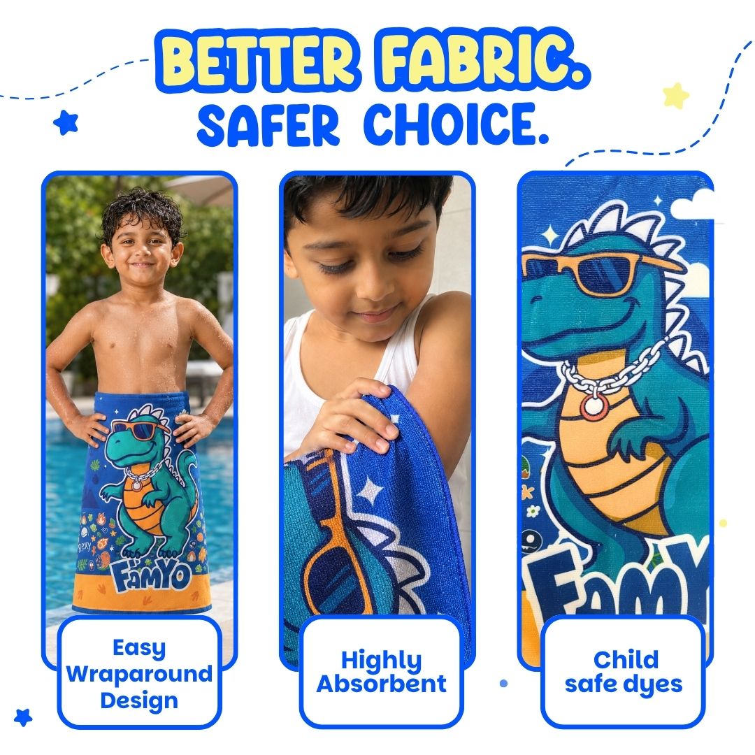 Rexy the Dino kids towel featuring soft quick-dry terry fabric, lightweight absorbent design, 70 × 140 cm size, and ideal for bath, beach, pool, swimming, travel, and everyday use.