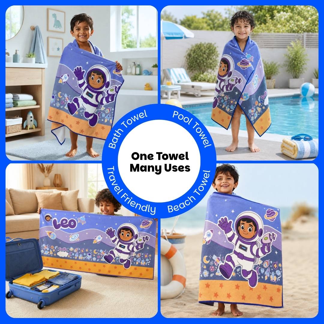 Famyo Leo the Astronaut Flat Towel for Kids made with premium microfiber fabric featuring quick dry technology, lightweight and travel friendly design, fade resistant print, soft and highly absorbent for bath, beach, swimming and everyday use.