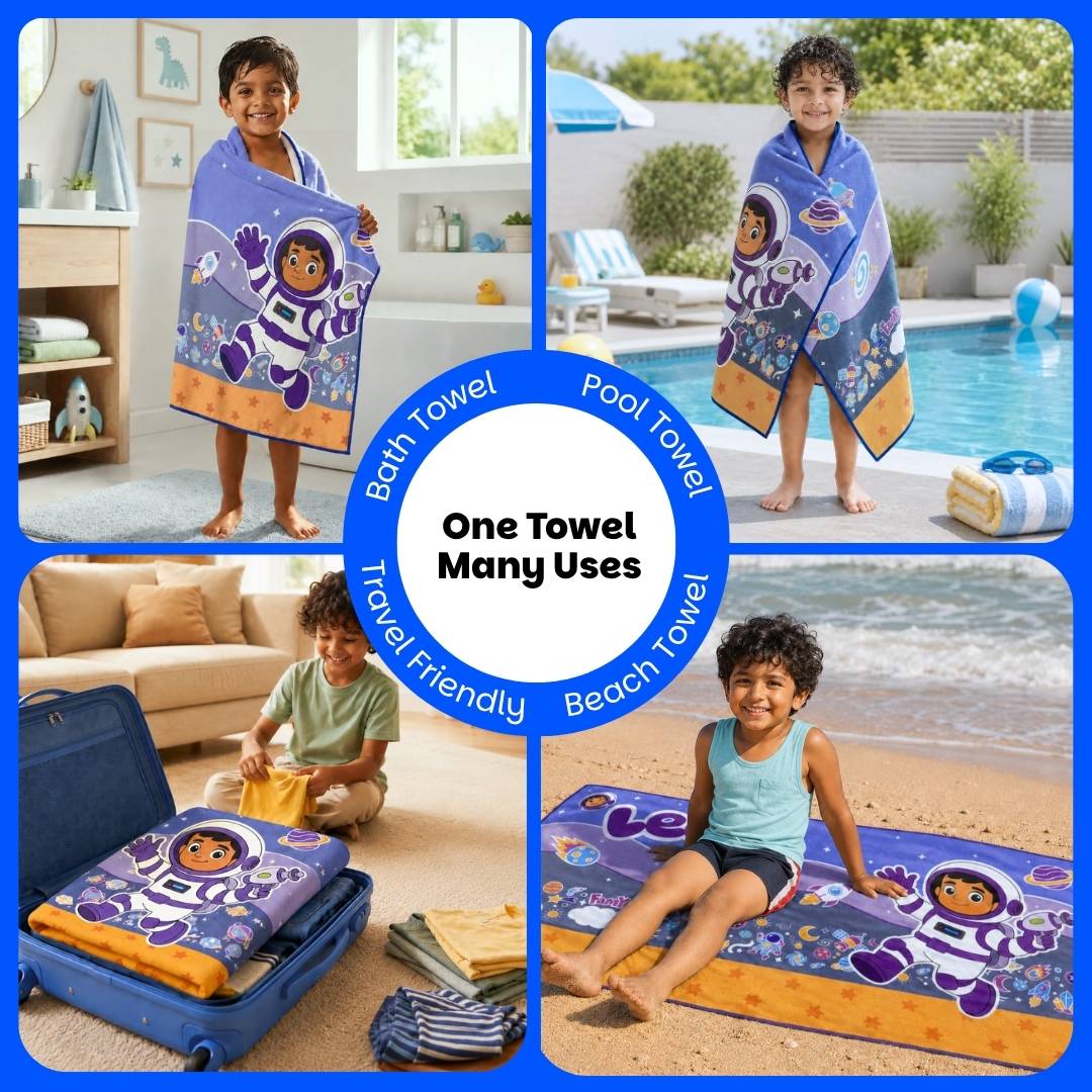 Famyo Leo the Astronaut Flat Towel for Kids made with premium microfiber fabric featuring quick dry technology, lightweight and travel friendly design, fade resistant print, soft and highly absorbent for bath, beach, swimming and everyday use.