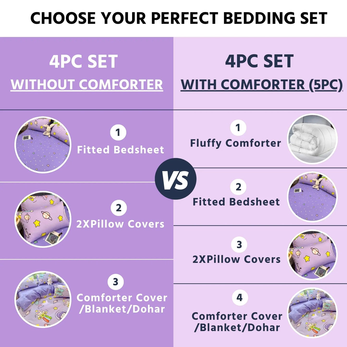 4pc/5pc King Bedding Set- Comforter Cover, Fitted Bedsheet, 2 Pillow Covers, Comforter in Purple Astronaut