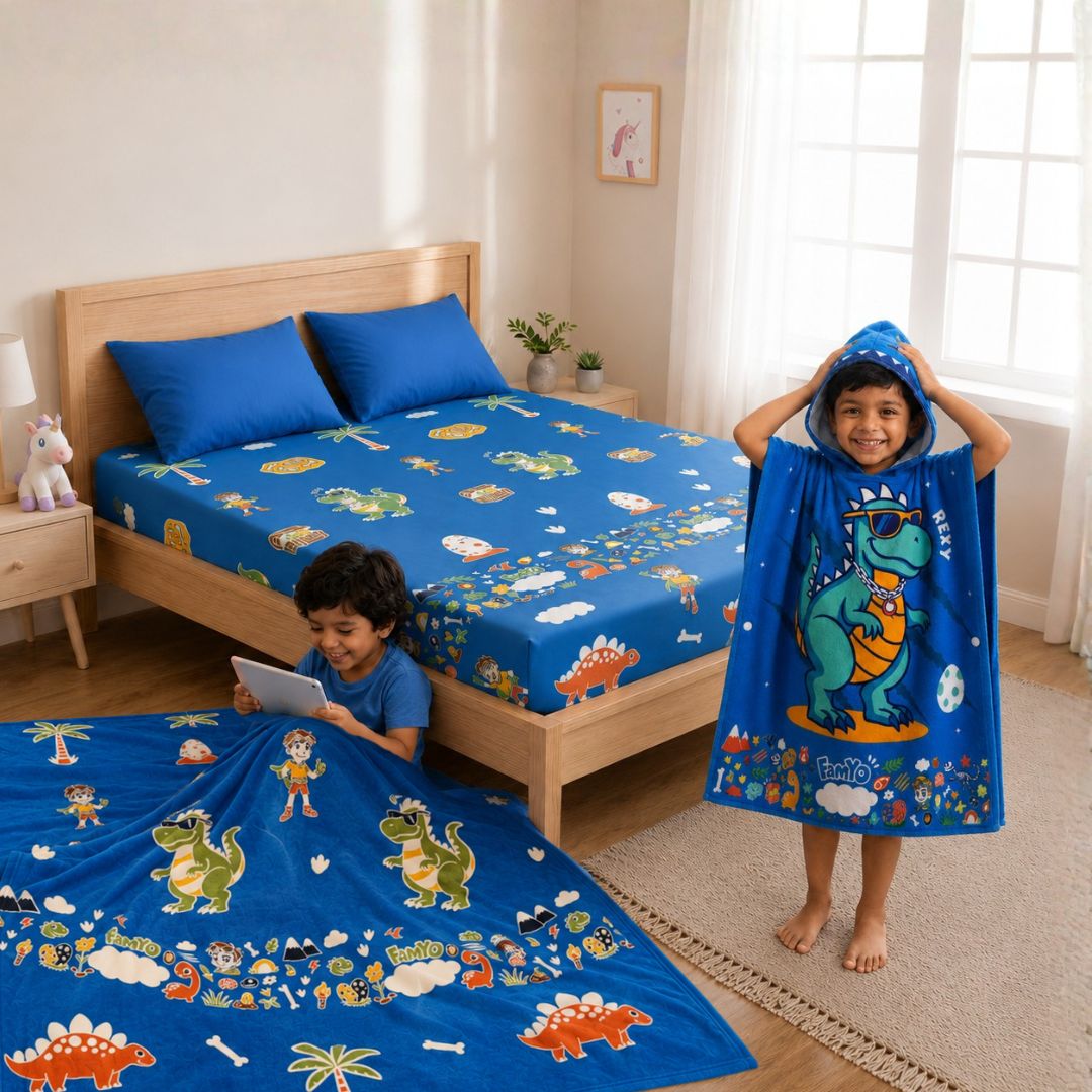 Rexy the Dinosaur Complete Set for Kids | Glow Blanket, Bedsheet, Bento Box, Poncho Towel & Hard Shell Pencil Pouch | 5-Piece Gift Set