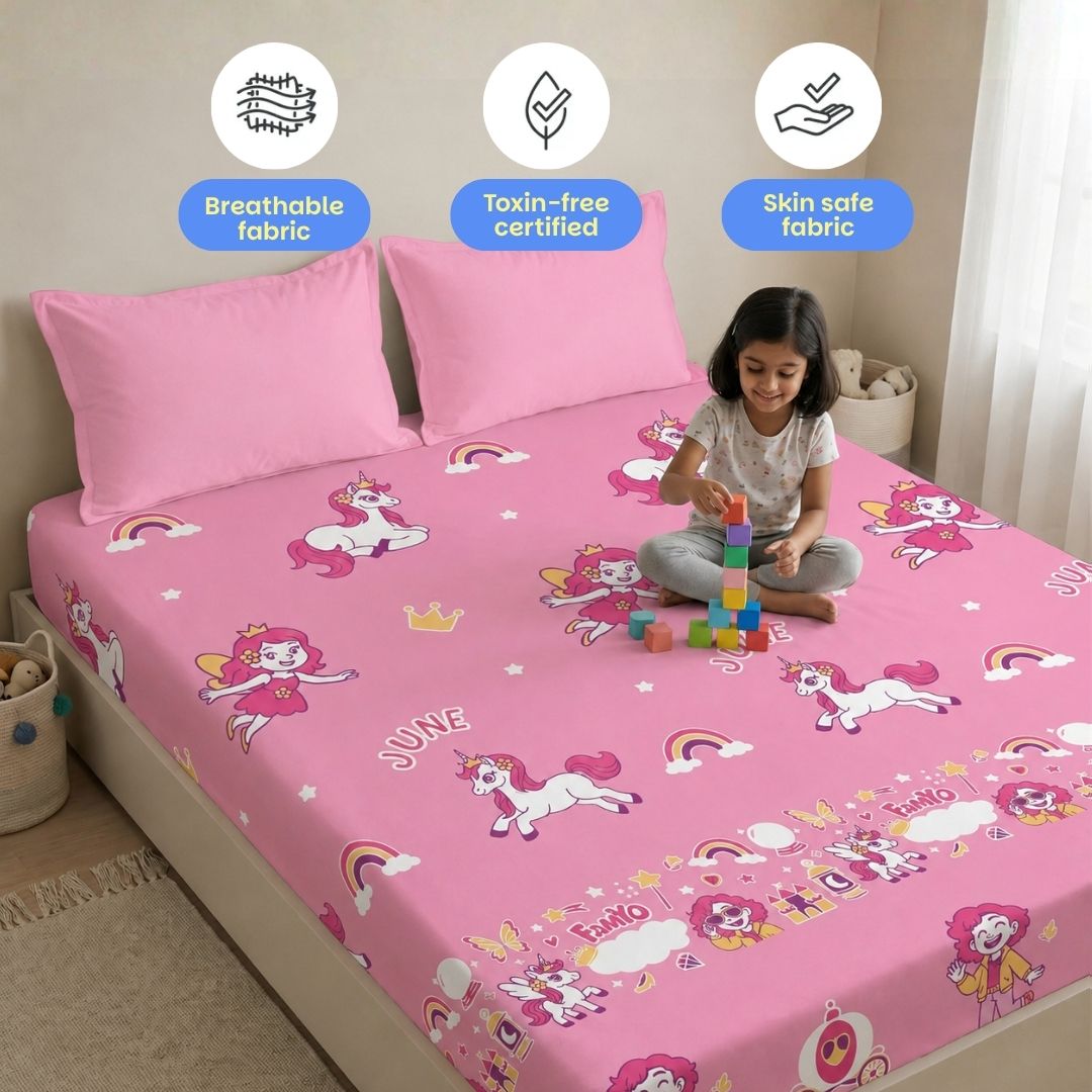 June the Unicorn Glow Bedsheet for Kids | King Size Bedsheet Set | 300 TC Cotton-Blend | Free Pillow Cover