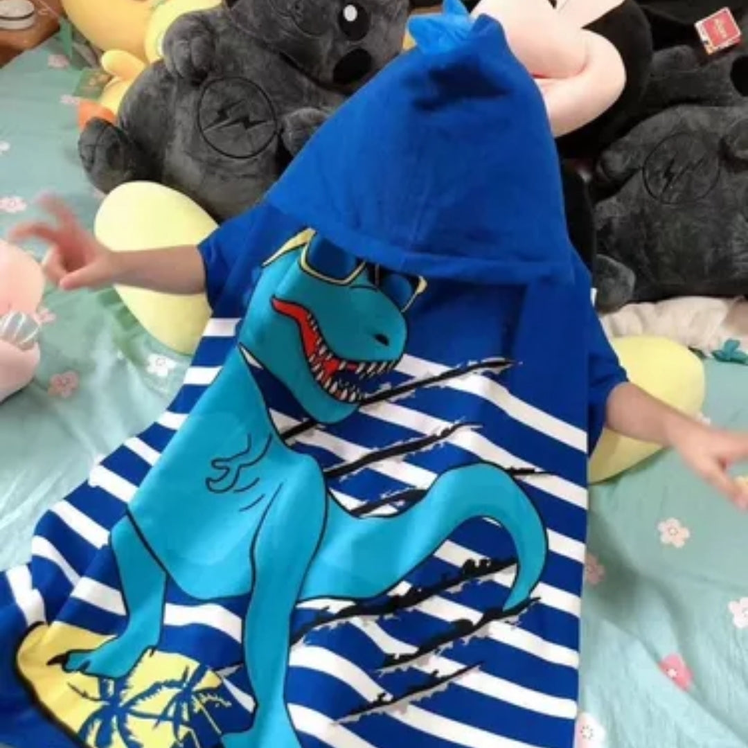 Cool Blue Dino Poncho Towel for Kids | Hooded Bath Towels for Boys & Girls | 60 x 60cm Toddler Pool Towel with Hood, 1-7 years