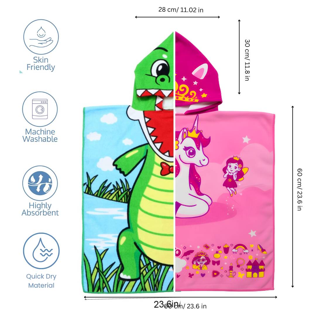 Crocodile & June Unicorn Hooded Towel, Set of 2 | 100% Microfiber Poncho Towel for Kids (1-7 Years)