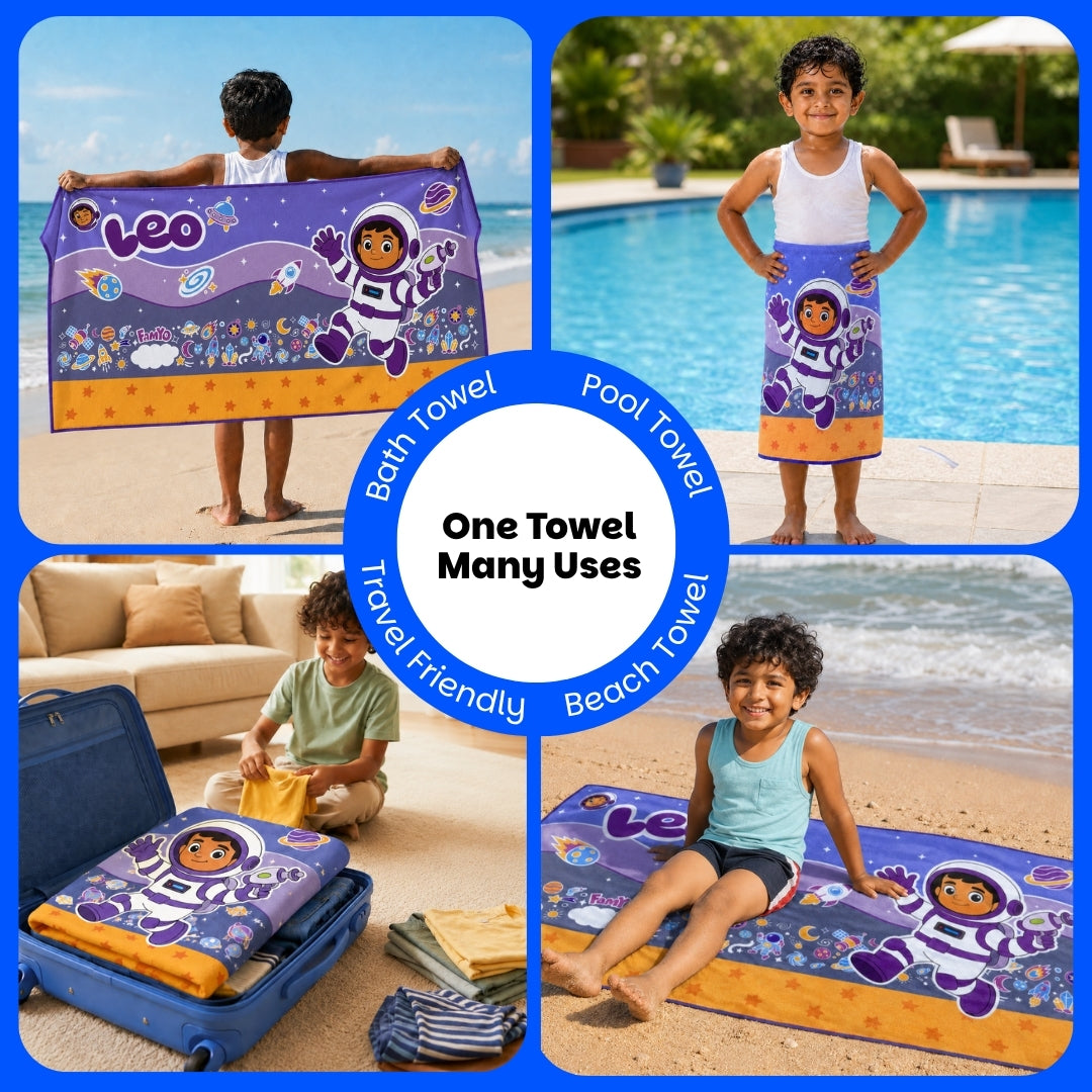Leo the Astronaut kids towel featuring soft quick-dry terry fabric, lightweight absorbent design, 70 × 140 cm size, and ideal for bath, beach, pool, swimming, travel, and everyday use.
