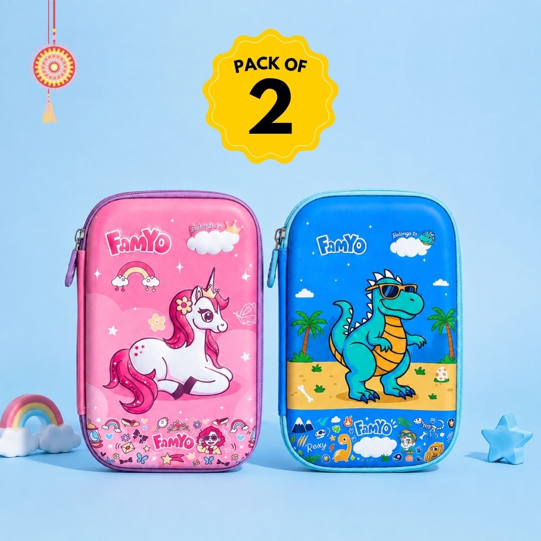 June the Unicorn and Rexy the Dino hard shell pencil pouch combo for kids featuring durable multi-compartment school pencil cases, ideal for organising stationery at school, tuition, travel, and everyday use.