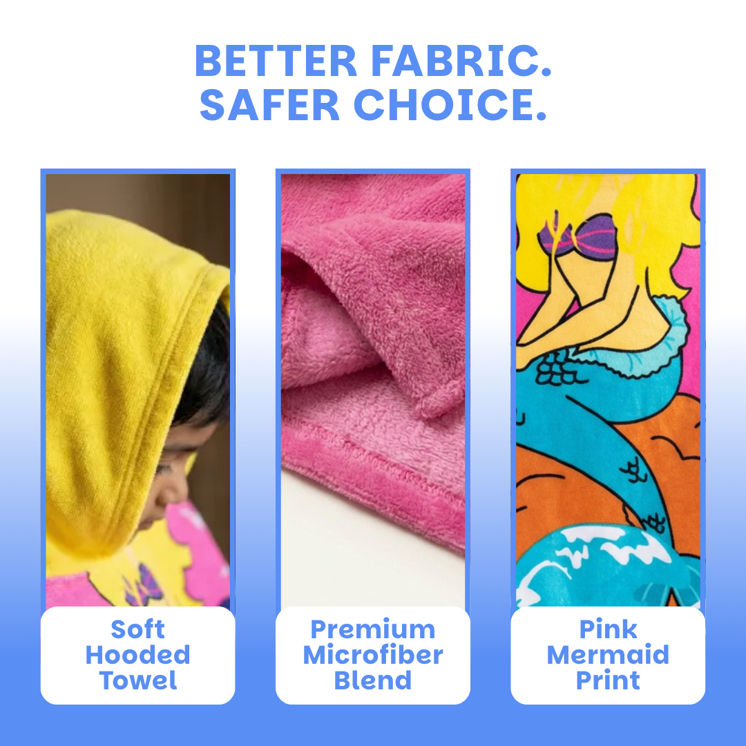 Cute Pink Mermaid Hooded Poncho Towel for Kids | Quick-Dry, Highly Absorbent Microfiber Bath Towel
