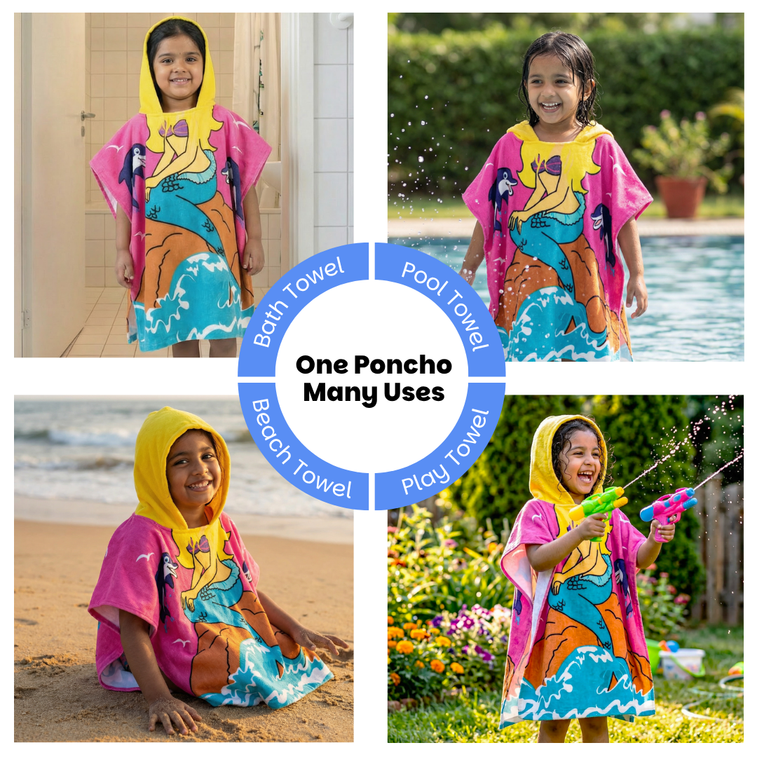 Cute Pink Mermaid Hooded Poncho Towel for Kids | Quick-Dry, Highly Absorbent Microfiber Bath Towel