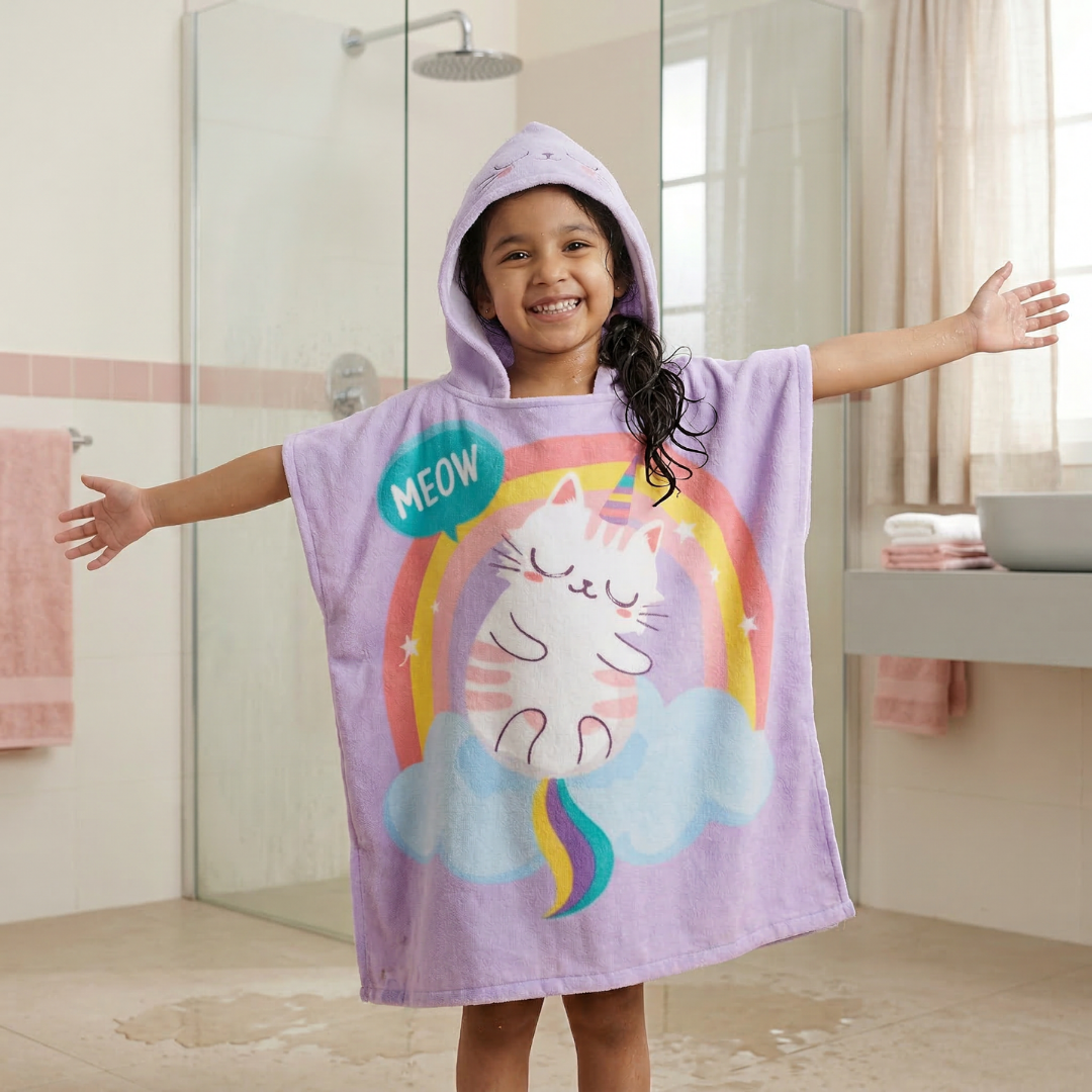 Purple Cat Unicorn Hooded Poncho Towel for Kids | Quick-Dry, Highly Absorbent Microfiber Bath Towel